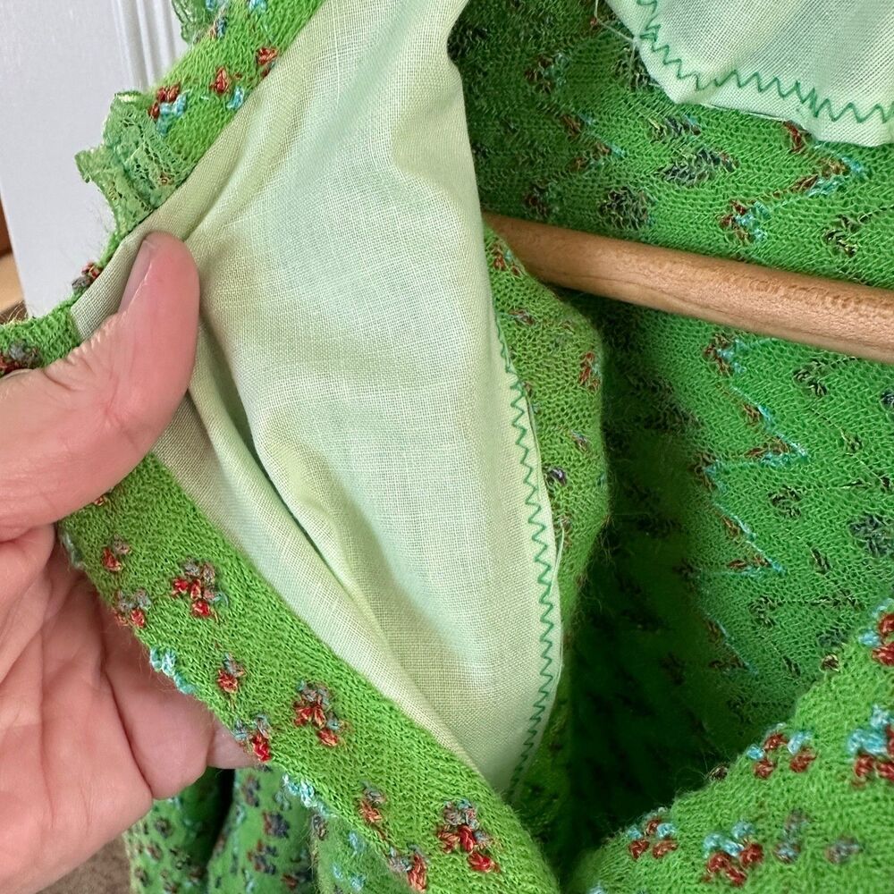 Vintage Green Floral Lounge Dress 1960s Cottagecore Robe Lace Collar Pockets - Picture 6 of 9